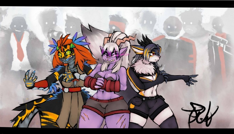 chest_tuft claws clothing feathers female fighting_pose fingerless_gloves fluffy fluffy_tail fur gloves glowing glowing_eyes green_eyes grey_hair group hair handwear horn midriff multicolored_hair outnumbered pose purple_eyes red_eyes red_hair scar snarling tail tuft white_hair wide_hips wolflance levi_totschlager obsidian_(character) vanga dinosaur dromaeosaurid feathered_dinosaur feathered_scalie felid hybrid mammal prehistoric_species reptile scalie spragon theropod velociraptor levi_(disambiguation) hi_res