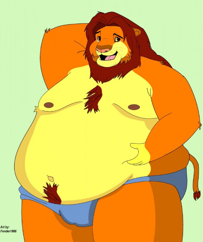 anthro anthrofied belly big_belly blue_clothing blue_underwear body_hair brown_mane brown_nipples brown_tuft bulge chest_tuft clothed clothed_anthro clothing dark_mouth eyebrows feline_ears feline_tail fur glistening glistening_eyes happy_trail looking_at_viewer love_handles male male_anthro mane mostly_nude mostly_nude_anthro mostly_nude_male navel nipples obese obese_anthro obese_male open_mouth open_smile overweight overweight_anthro overweight_male pink_tongue pupils raised_eyebrow red_eyes round_ears simple_background smile solo standing tail tail_tuft text tongue topless topless_anthro topless_male tuft underwear underwear_only whiskers yellow_sclera fender1988 disney the_lion_king simba_(the_lion_king) felid lion mammal pantherine english_text hi_res signature