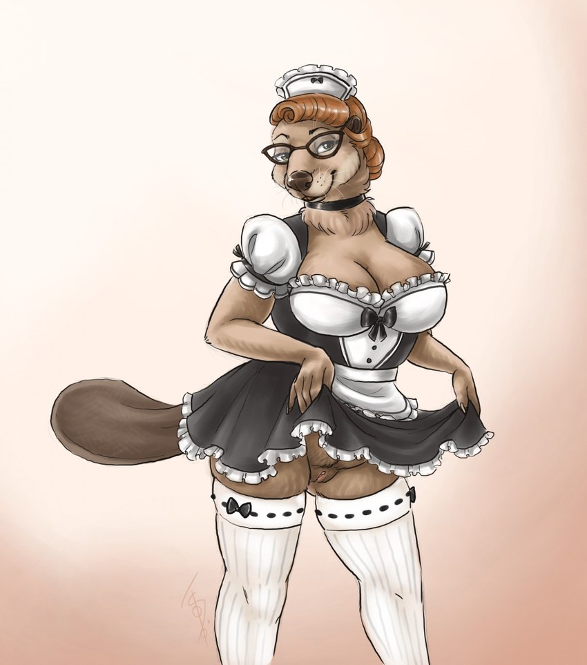 anthro beaver_tail big_breasts bottomless bottomwear breasts choker cleavage clothed clothing clothing_lift eyewear female flashing genitals glasses hair jewelry legwear maid_headdress maid_uniform necklace orange_hair pussy simple_background skirt skirt_lift slightly_chubby solo stockings tail tail_under_skirt thigh_highs uniform whiskers s00t beaver mammal rodent hi_res