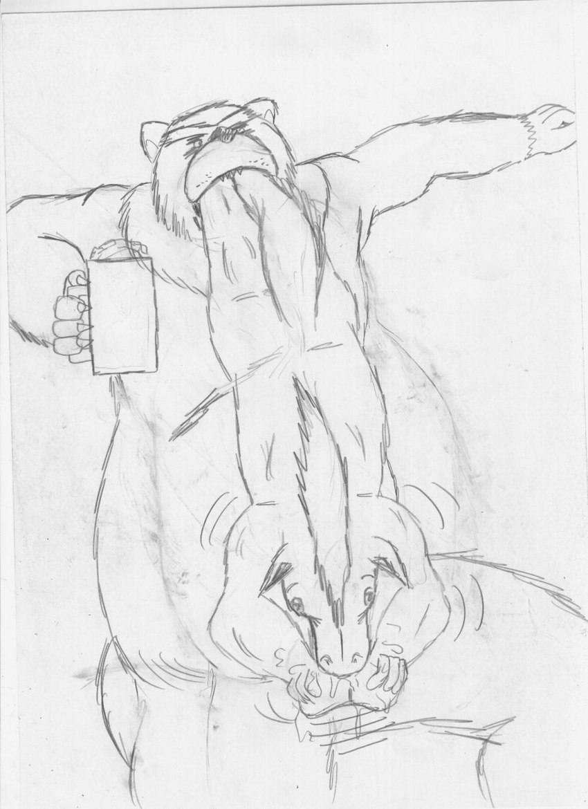 alcohol anthro balls beer beer_mug beverage bodily_fluids butt claws container cum cum_in_mouth cum_inside cup duo feet feet_first fellatio foot_fetish foot_in_mouth foot_play genital_fluids genitals male male/male mug nude_male nude_pred nude_prey open_mouth oral oral_penetration oral_vore penetration penile sex simple_background spread_legs spreading tail teeth vore white_background bigbadbear big_bad_bear bear equid equine horse mammal graphite_(artwork) hi_res monochrome traditional_media_(artwork)