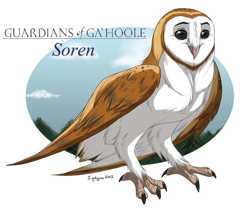 ambiguous_gender black_eyes brown_body brown_feathers feathers feet feral simple_background solo talons toes white_background white_body white_feathers ignigeno guardians_of_ga'hoole soren_(gogh) avian barn_owl bird owl tyto tytonid male_(lore)