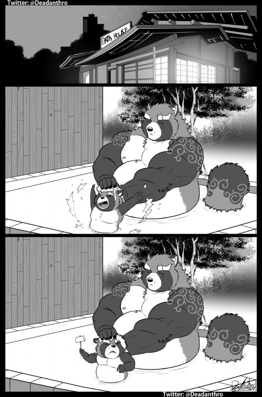 anthro bathing belly duo eyes_closed male moobs nipples overweight overweight_male tattoo water young young_anthro deadanthro lifewonders tokyo_afterschool_summoners gyobu's_underlings gyobu_(tas) canid canine mammal raccoon_dog tanuki 2019 comic hi_res monochrome