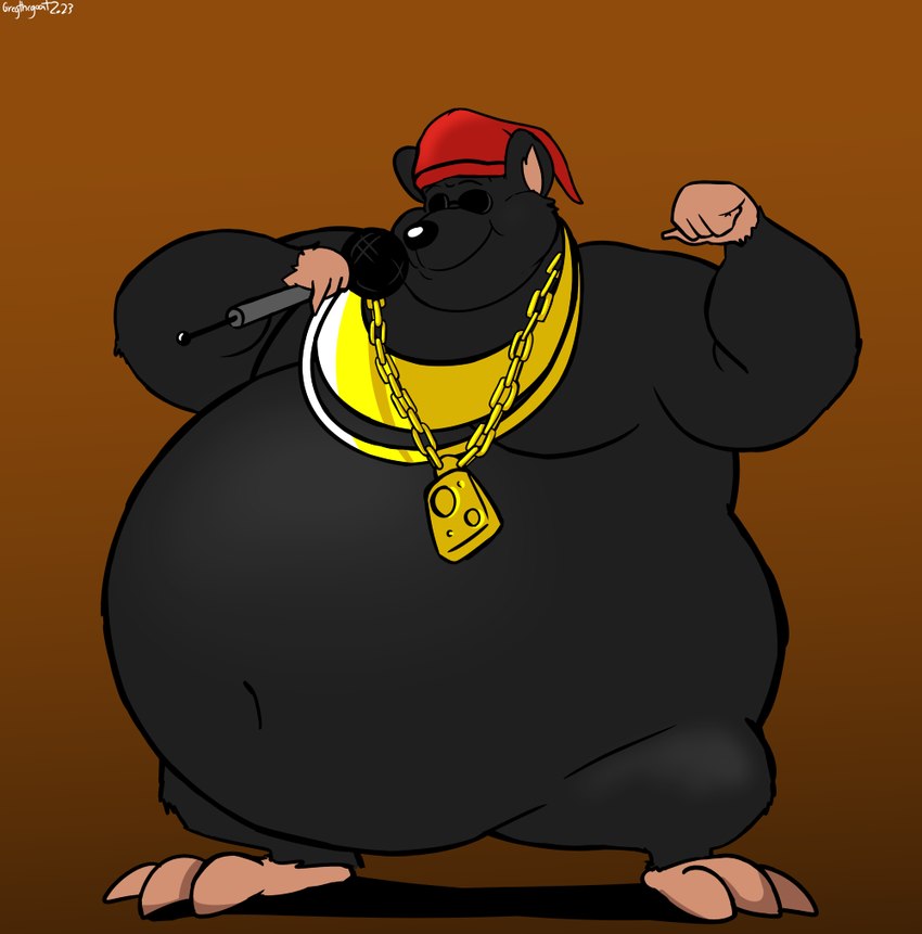 anthro belly big_belly black_body black_fur clothing electronics eyewear fist fur gold_(metal) gold_jewelry golden_necklace hat headgear headwear holding_microphone holding_object jewelry male microphone morbidly_obese morbidly_obese_anthro morbidly_obese_male mostly_nude mouth_closed navel necklace nude obese obese_anthro obese_male overweight overweight_anthro overweight_male smile solo sunglasses gregthegoat barnyard_(series) nickelodeon biggie_cheese mammal murid murine rat rodent 2023 signature