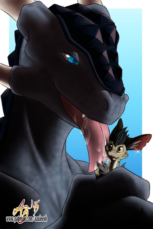 ambiguous_gender anthro blue_eyes bumps duo ear_piercing horn licking macro piercing tongue tongue_out azaleesh narsassus scalie 2:3 hi_res