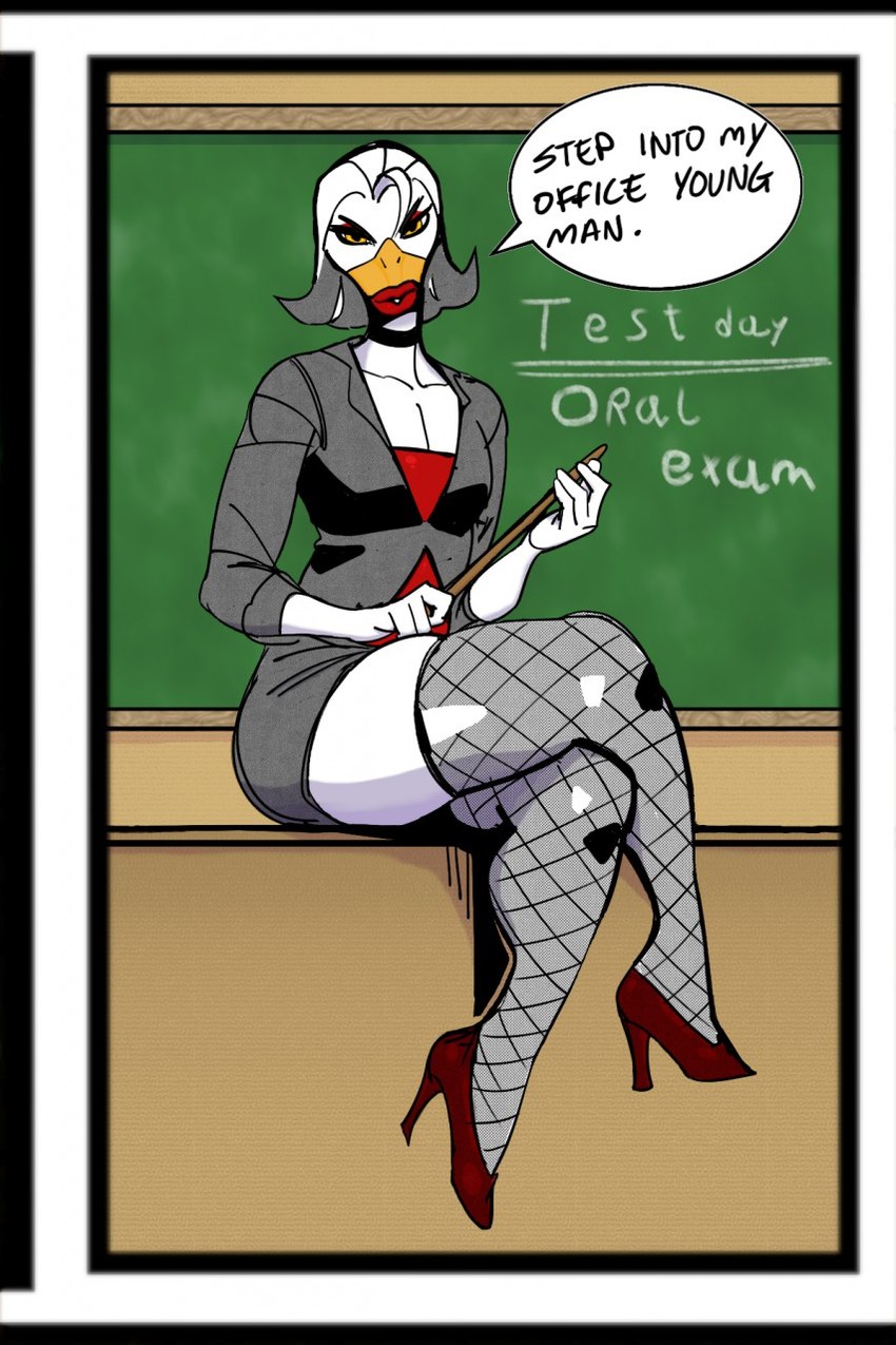 anthro beak black_choker black_jewelry black_necklace chalkboard choker classroom clothing comic_panel eyeshadow femboy fishnet_clothing fishnet_legwear fishnet_thigh_highs footwear high_heels holding_object jewelry legwear lipstick looking_at_viewer makeup necklace red_clothing red_eyeshadow red_footwear red_high_heels red_lipstick school shoes sitting_on_desk solo speech_bubble teacher text thigh_highs white_body yellow_eyes aducksomewhere jijis-waifus ducky_(aducksomewhere) anatid anseriform avian bird duck 2018 english_text hi_res male_(lore)