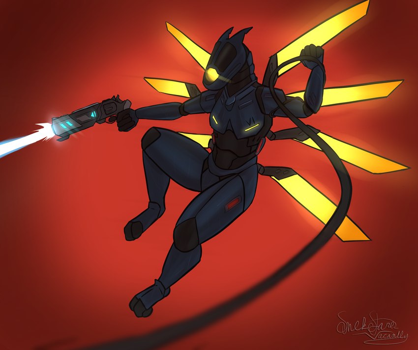 1_eye 6_wings ambiguous_gender anthro blue_body blurred_foreground curling_toes feet fist glowing glowing_eyes grappling_hook gun handgun holding_gun holding_handgun holding_object holding_ranged_weapon holding_weapon markings metallic_body multi_wing raised_leg ranged_weapon red_background shooting_gun simple_background solo weapon wings snek_stares_vacantly new_blood_interactive ultrakill v1_(ultrakill) hybrid synth_(vader-san) hi_res