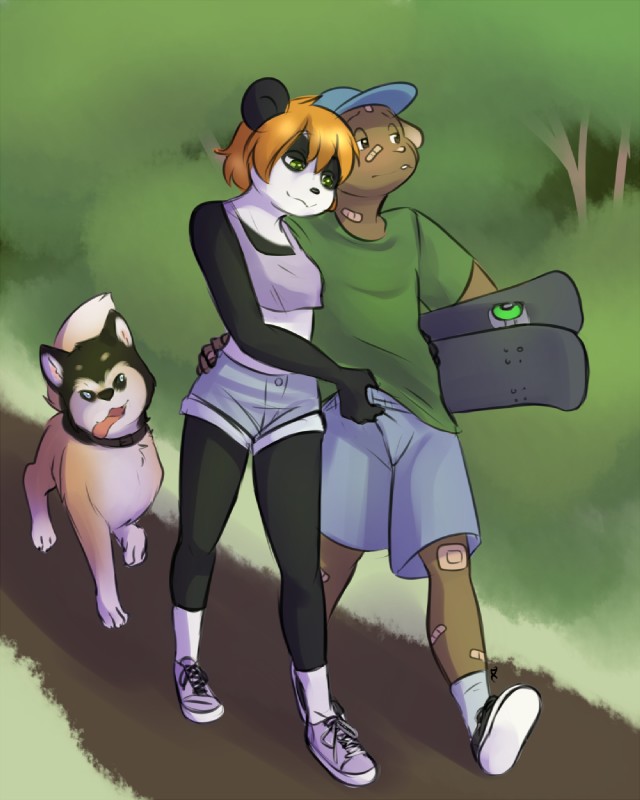 band-aid bandage brown_eyes clothed clothing crop_top duo female feral green_eyes hat headgear headwear holding_object male male/female midriff shirt skateboard topwear vehicle walking drychicken tia_(karmandel) bear canid canine canis domestic_dog giant_panda mammal murid murine rat rodent 2014 4:5 hi_res