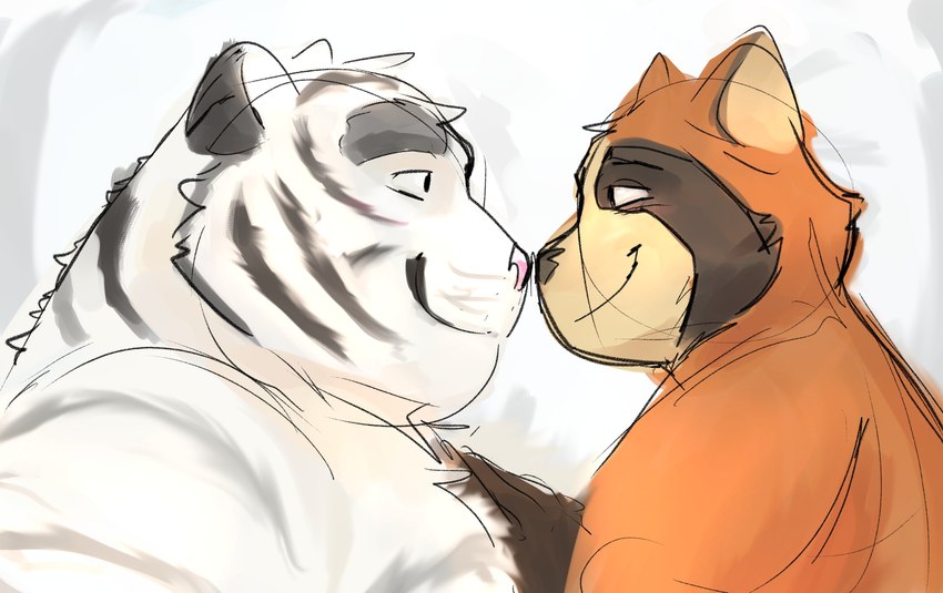 anthro biped black_nose brown_body duo male nose_kiss pink_nose white_body lentejota6 canid canine felid mammal pantherine raccoon_dog tanuki tiger 2022 hi_res