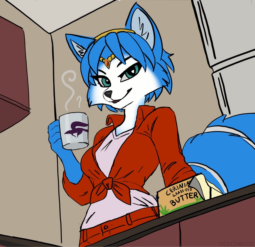 anthro beverage black_nose blue_body blue_fur blue_hair butter circlet clothed clothing coffee container countershade_face countershade_neck countershading cup dairy_products female food fully_clothed fully_clothed_anthro fur hair holding_container holding_cup holding_object jewelry kitchen layered_clothing looking_at_viewer mug red_clothing red_shirt red_topwear shirt smile solo teal_eyes tied_shirt topwear white_body white_countershading white_fur mercrantos nintendo star_fox krystal_(star_fox) canid canine fox mammal absurd_res digital_media_(artwork) hi_res