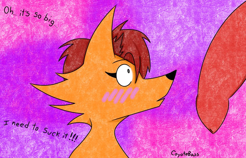 anthro big_penis black_nose blush duo ear_tuft erection excited female fur genitals hair looking_at_genitalia looking_at_penis looking_pleasured male male/female nude open_mouth orange_body orange_fur penis pink_background purple_background red_hair red_penis simple_background solo text tuft coyotebass xanny_(coyotebass) canid canine canis coyote mammal 14:9 digital_media_(artwork)