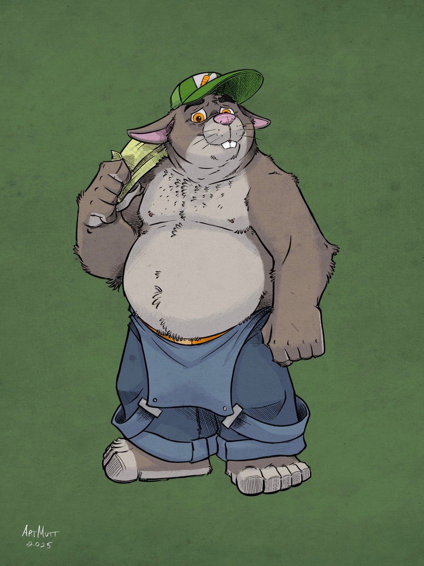 anthro belly clothing green_background hat headgear headwear male mature_male moobs nipples overalls overweight overweight_male pink_nose simple_background solo k-9 disney zootopia stu_hopps lagomorph leporid mammal rabbit 2025 3:4 hi_res