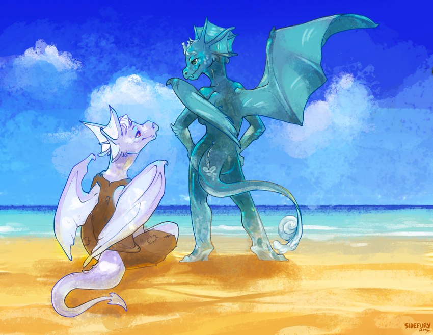 anthro beach breasts clothed clothing cloud detailed_background duo female green_body green_eyes neomorph_(neopets) non-mammal_breasts nude pink_body red_eyes sand seaside sky tail water wings sidefury mythology neopets cloud_neopet dragon draik_(neopets) mythological_creature mythological_scalie neopet_(species) scalie water_neopet 2015 absurd_res hi_res