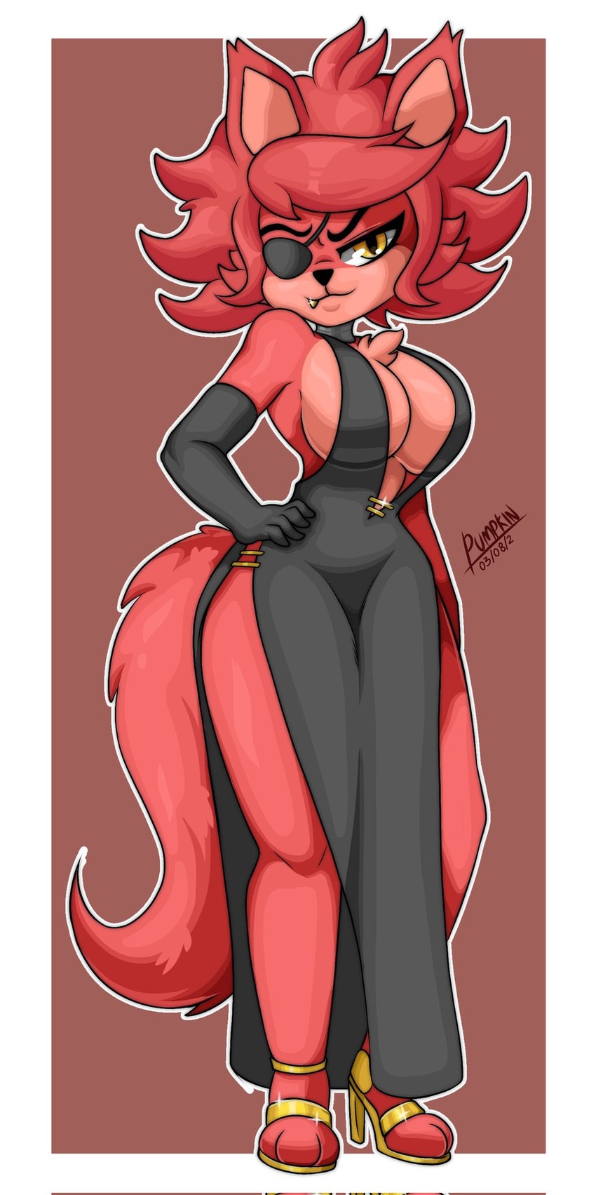 anthro big_breasts breasts chest_tuft clothing crossgender eye_patch eyewear female footwear high_heels machine mtf_crossgender pupils shoes slit_pupils solo tail thick_thighs tuft yellow_eyes theorangepumpkin five_nights_at_freddy's fredina's_nightclub scottgames foxy_(cally3d) foxy_(fnaf) animatronic canid canine fox mammal robot 2023 digital_media_(artwork) hi_res