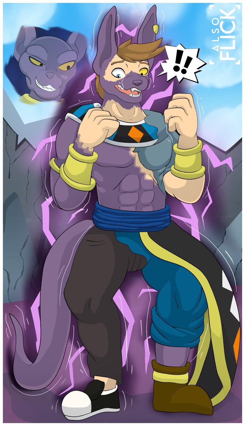 anthro aura border bottomwear character_transformation clothing exclamation_point footwear hair hairless human_to_anthro pants purple_aura purple_body shoes species_transformation tail tf_into_fictional_character transformation twinning white_border wristband yellow_sclera alsoflick dragon_ball dragon_ball_super dragon_ball_z beerus domestic_cat felid feline felis hairless_cat human mammal absurd_res artist_name hi_res signature