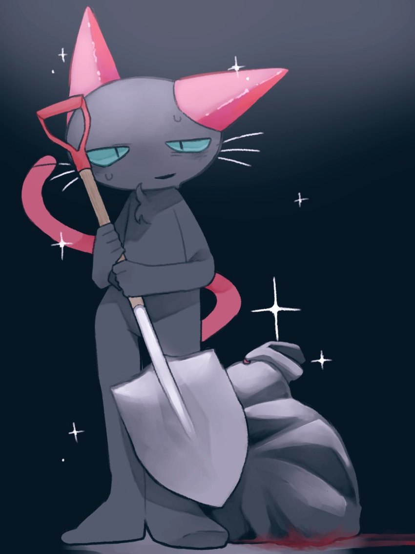 ambiguous_gender anthro black_background black_bag black_body black_fur blood bodily_fluids ears_down ears_up fur green_sclera holding_object holding_shovel holding_tool looking_at_viewer murderer neck_tuft nude open_mouth pivoted_ears pupils red_ears red_tail shovel simple_background slit_pupils smile solo sparkles sweat tail tools trash_bag tuft whiskers white_whiskers u0vtzagq8r41403 neko_no_teach-kun oyasaioni9 kobayashi_(neko_no_teach-kun) domestic_cat felid feline felis mammal 3:4 hi_res shaded