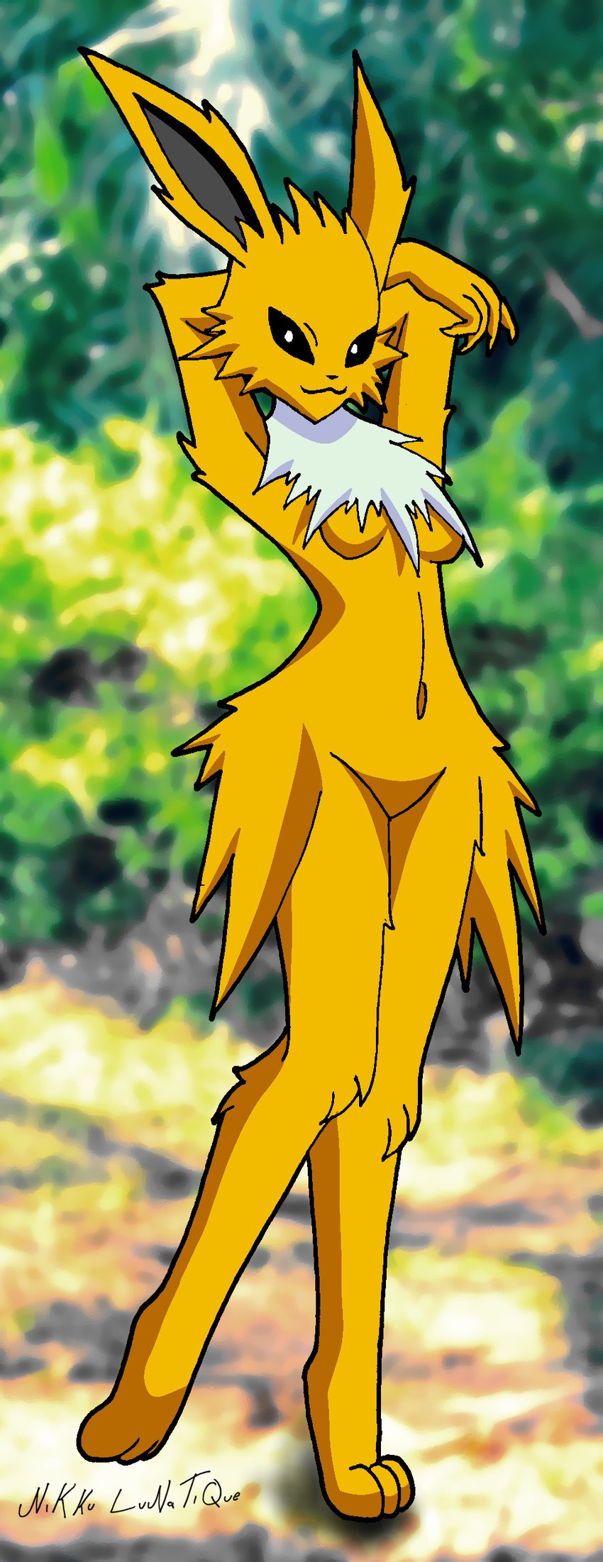 anthro anthrofied arms_above_head black_sclera breasts chest_tuft featureless_breasts featureless_crotch female forest fur looking_at_viewer navel nude plant pokemorph smile solo standing tree tuft white_body white_fur yellow_body yellow_fur nikku_lunatique nintendo pokemon eeveelution generation_1_pokemon jolteon mammal pokemon_(species) absurd_res hi_res