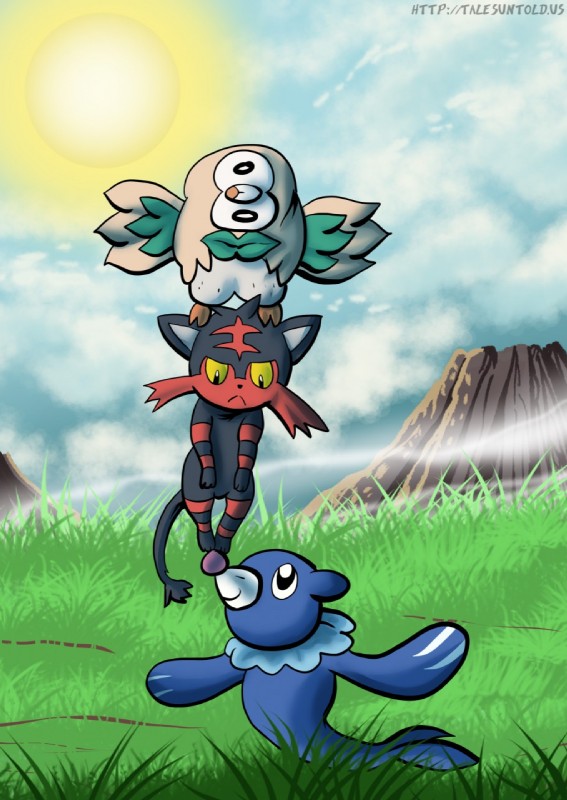 ambiguous_gender cloud detailed_background feral grass group mountain nature plant sky starter_trio sun trio punishedkom nintendo pokemon generation_7_pokemon litten mammal marine pinniped pokemon_(species) popplio rowlet hi_res