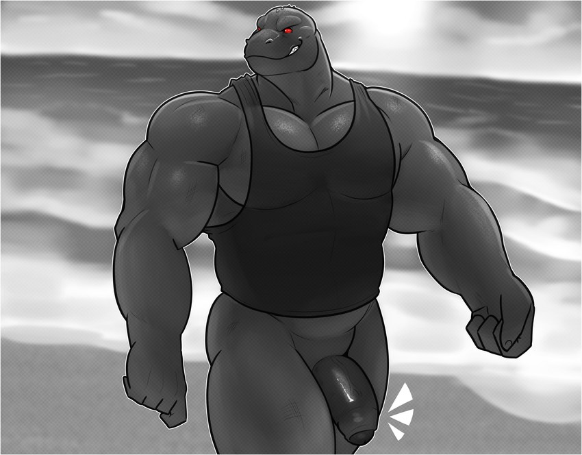 anthro beach biceps bottomless clothed clothing detailed_background flaccid foreskin genitals humanoid_genitalia humanoid_penis male muscular muscular_anthro muscular_male outside pecs penis red_sclera scales sea seaside shirt sky smile smirk solo tank_top teeth thick_penis thick_thighs topwear triceps water jayjay_(artist) epic_games fortnite thunder_(fortnite) komodo_dragon lizard monitor_lizard reptile scalie absurd_res digital_media_(artwork) hi_res monochrome