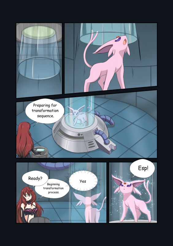 ambiguous_gender dialogue female imminent_transformation machine pokemon_speak pre-transformation scientific_experiment text sugarnhoney nintendo pokemon eeveelution espeon generation_2_pokemon human mammal pokemon_(species) absurd_res comic english_text hi_res