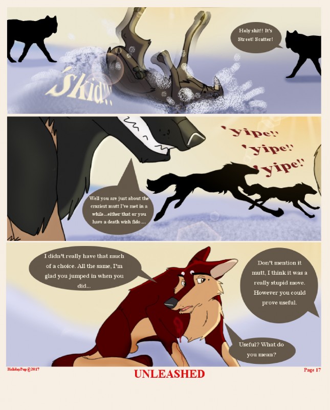 animal_genitalia dialogue feral genitals group male sheath street text unleashed holidaypup bandit_(holidaypup) streetdog canid canine canis domestic_dog german_shepherd herding_dog mammal pastoral_dog comic english_text