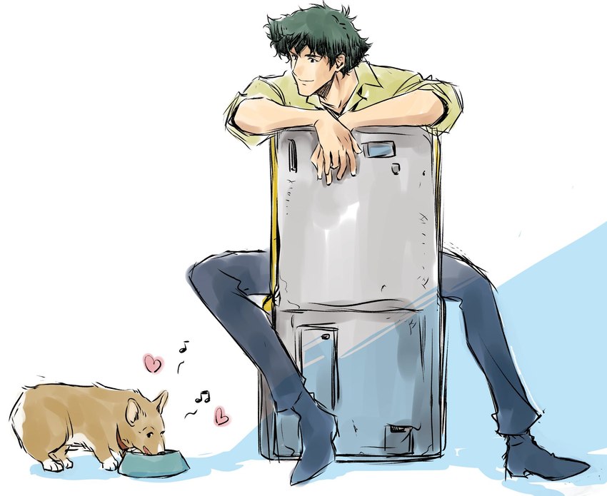 chair duo eating furniture green_hair hair heart_symbol male simple_background smile white_background tobalin cowboy_bebop ein_(cowboy_bebop) spike_spiegel canid canine canis domestic_dog herding_dog human mammal pastoral_dog welsh_corgi hi_res