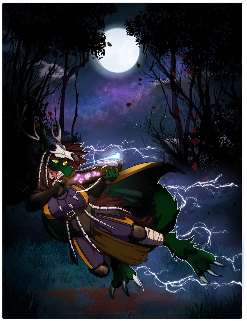 action_pose anthro antlers arbalist armor bone bottomwear breasts brown_hair cape claws clothed clothing countershading crossbow deer_skull detailed_background digitigrade electricity electricity_manipulation elemental_manipulation fangs feet female fingers forest fur gloves glowing glowing_eyes grass green_body green_fur hair handwear headgear holding_object holding_ranged_weapon holding_weapon horn jewelry knee_pads lightning loincloth magic magic_user moon multicolored_body necklace night open_mouth outside plant pose ranged_weapon runes skull sky solo tail tan_body tan_countershading teeth tongue tree two_tone_body weapon yellow_eyes riboo mythology alkimos dragon forest_dragon mythological_creature mythological_scalie scalie were weredragon digital_media_(artwork) hi_res