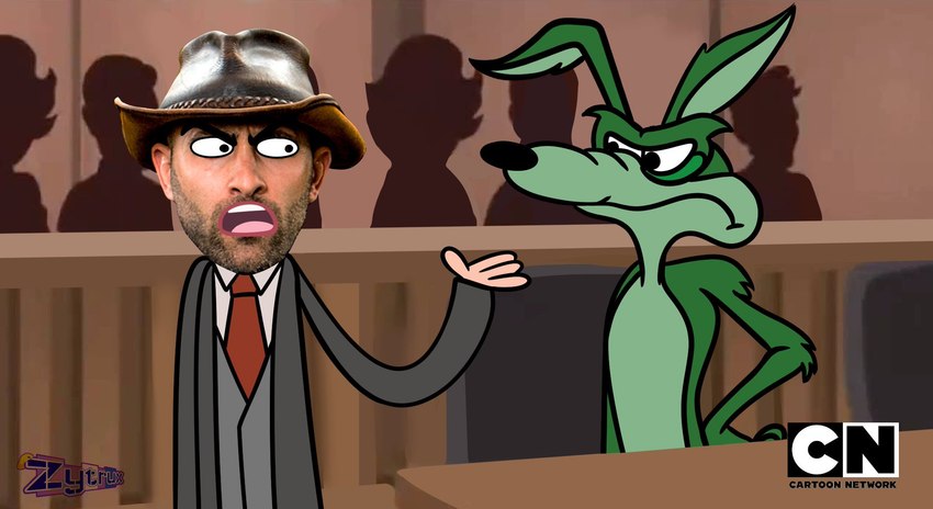 clothing duo fake_screencap green_body green_skin hat headgear headwear male parody standing youtuber zytrux_1 cartoon_network coyote_vs._acme looney_tunes mad_(series) real_world warner_brothers coyote_peterson wile_e._coyote canid canine canis coyote human mammal hi_res