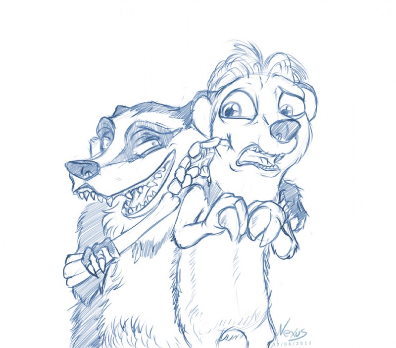 anthro bone duo eye_contact imminent_rape looking_at_another male rape_face simple_background white_background nexus blue_sky_studios ice_age_(series) gupta louis_(ice_age) badger eulipotyphlan hedgehog mammal mustelid musteline 2012 monochrome sketch