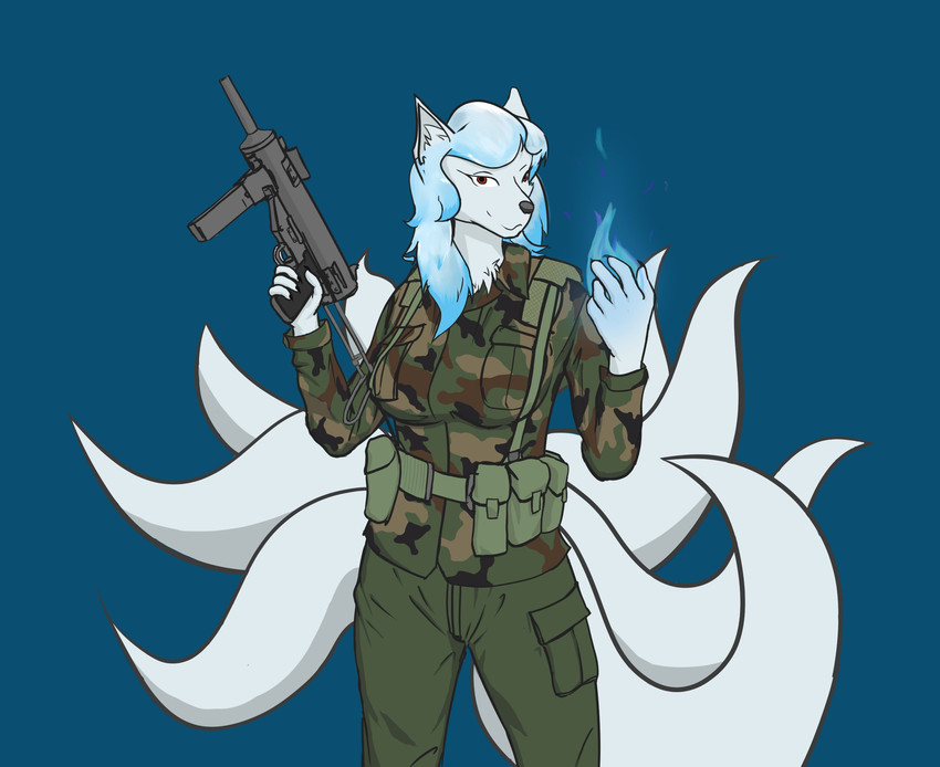 5_fingers anthro blue_hair breasts camo camo_clothing camo_print claws clothing female fingers fur gun hair inner_ear_fluff m3_grease_gun magic military military_clothing military_uniform multi_tail pattern_clothing ranged_weapon snout soldier solo submachine_gun tail tuft uniform warrior weapon white_body white_fur white_tail wallross asian_mythology east_asian_mythology mythology canid canine fox fox_spirit mammal hi_res