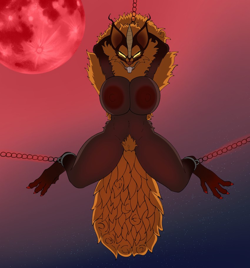 anthro areola armpit_hair bdsm big_areola big_breasts big_tail body_hair bondage bound breasts brown_body brown_fur buckteeth chain chained_up claws ear_tuft female front_view fur glowing glowing_eyes horn low-angle_view membrane_(anatomy) moon neck_tuft orange_body orange_fur patagium pubes red_moon solo tail teeth thick_thighs tuft arkhalide marvel marvel_rivals ratatoskr ratatoskr_(marvel) deity mammal rodent sciurid tree_squirrel absurd_res hi_res