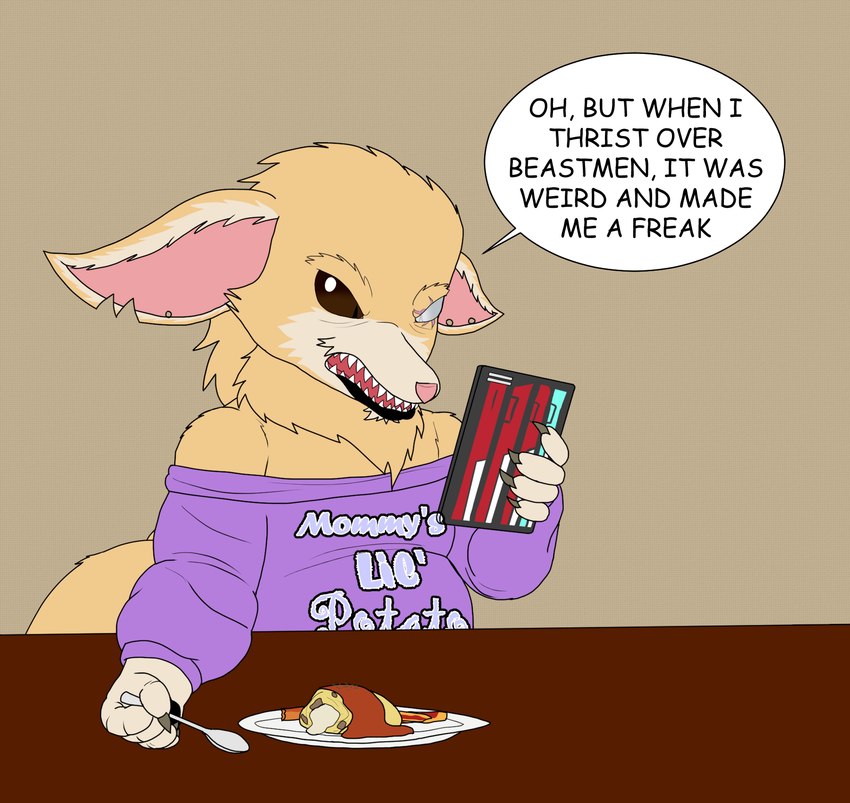 anthro blind_eye breakfast electronics eye_scar facial_scar holding_object holding_phone male notched_ear omelette pajama_shirt phone scar solo text alythewolfcat roy_ronsonberg canid canine fennec_fox fox mammal true_fox english_text hi_res