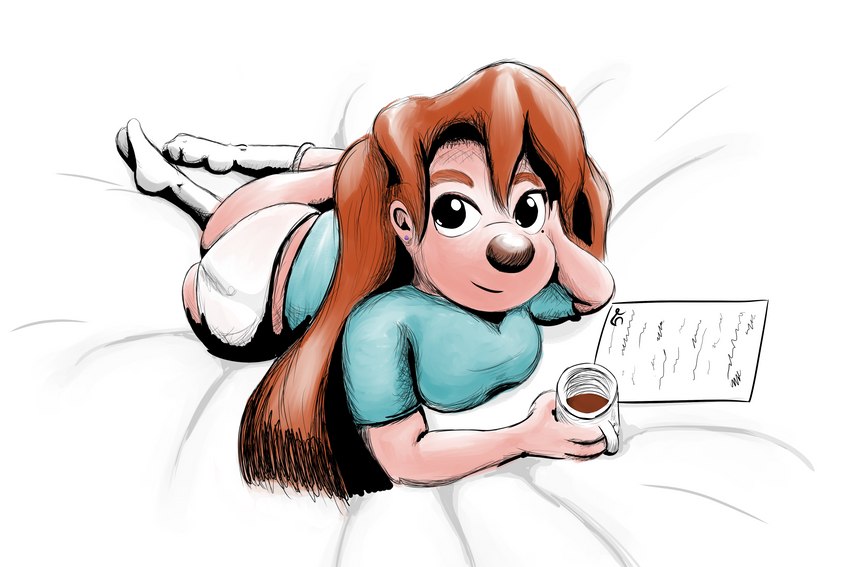 adolescent anthro beverage butt clothed clothing coffee digital_pen female footwear homework looking_at_viewer panties pantsless shirt simple_background simulated_traditional_(artwork) socks solo studying t-shirt topwear underwear young lettherebecolor disney goof_troop roxanne_rover canid canine canis domestic_dog mammal 3:2 digital_media_(artwork) digital_painting_(artwork) digital_watercolor_(artwork) hi_res sketch