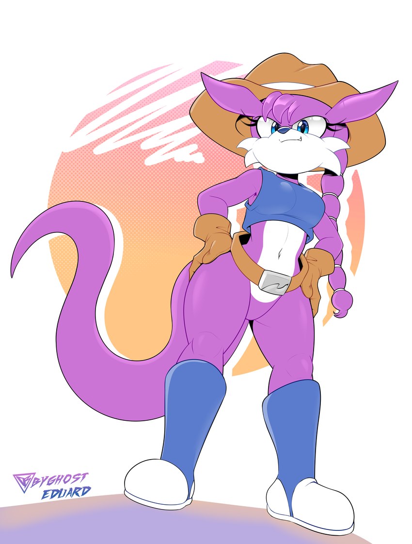 anthro belt blue_clothing blue_eyes breasts clothed clothing cowgirl_outfit female hair hat headgear headwear long_hair long_tail looking_down navel purple_body shirt smile smiling_at_viewer solo tail tank_top topwear byghosteduard archie_comics sega sonic_the_hedgehog_(archie) sonic_the_hedgehog_(comics) sonic_the_hedgehog_(series) nicolette_the_weasel mammal mustelid musteline true_musteline weasel 2024 absurd_res hi_res