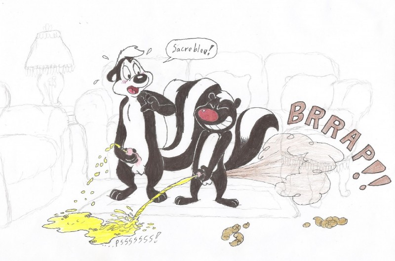 anthro balls blush bodily_fluids dialogue duo erection fart feces genital_fluids genitals male nude peeing peeing_together penis scatplay simple_background text urine white_background timon-berkowitz cartoon_saloon looney_tunes skunk_fu warner_brothers pepe_le_pew skunk_(skunk_fu) mammal mephitid skunk striped_skunk crossover french_text translation_request