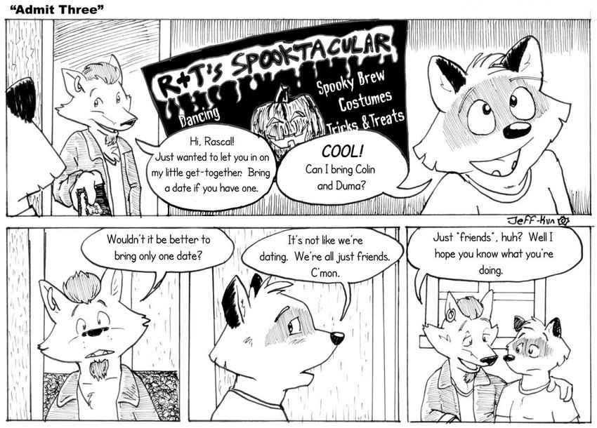 anthro dialogue duo ear_piercing hand_on_shoulder holding_object holidays looking_at_another male open_mouth piercing text leafdog closet_coon halloween aiden_harris rodney_waters canid canine canis coyote mammal procyonid raccoon 2004 comic english_text monochrome