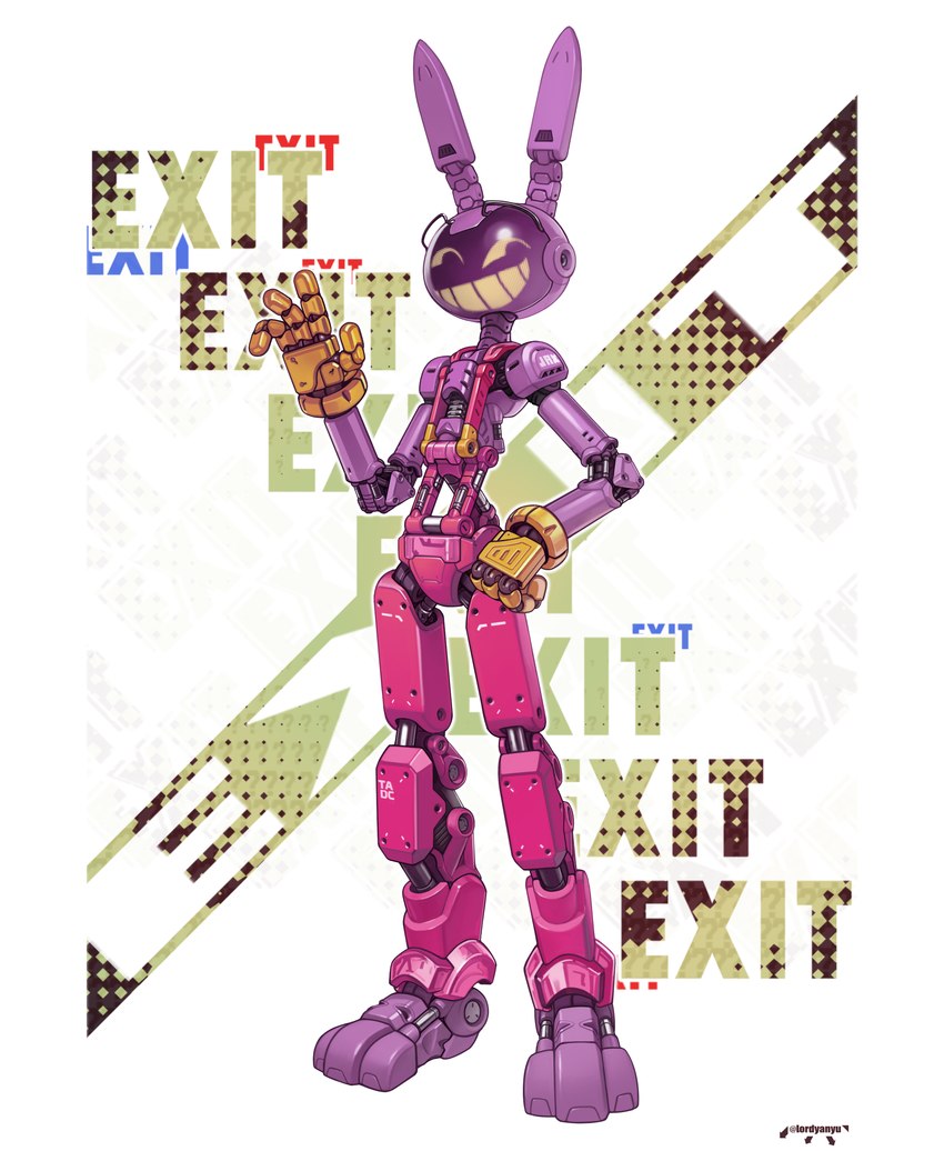 4_fingers abstract_background alternate_species anthro exit fingers hand_on_hip hydraulics looking_at_viewer machine male metallic_body mischievous_smile multicolored_body narrow_hips pink_body purple_body purple_feet rabbit_ears screen screen_face segmented_body simple_background slim solo standing text thin_calves thin_legs thin_thighs waving_hand white_background yellow_hands lordyanyu glitch_productions the_amazing_digital_circus jax_(tadc) lagomorph leporid mammal rabbit robot robot_anthro 2023 absurd_res artist_name english_description english_text full-length_portrait hi_res portrait