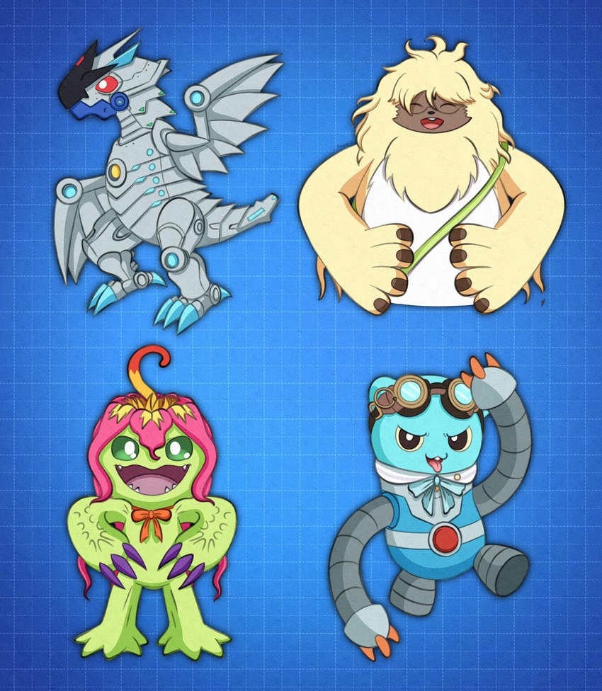 anthro anthrofied eyewear female flower fluffy fluffy_chest fur glasses group long_ears machine male plant tail text yellow_body yellow_fur liliana86973943 bandai_namco danganronpa danganronpa_v3 digimon mythology spike_chunsoft gonta_gokuhara k1-b0 miu_iruma tsumugi_shirogane angoramon digimon_(species) dragon espimon lagomorph leporid mammal mythological_creature mythological_scalie palmon rabbit robot scalie english_text hi_res