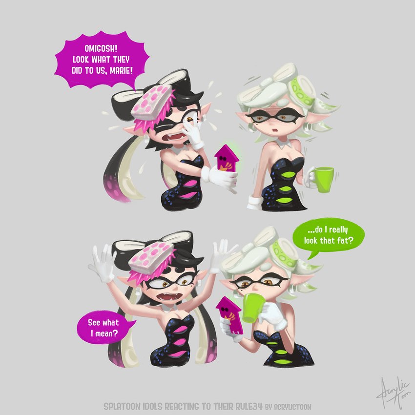 black_hair breasts clothed clothing container cup duo electronics female hair humanoid_pointy_ears internet light_body light_skin mug phone pseudo_hair tentacle_hair tentacles text white_hair acrylictoon nintendo splatoon callie_(splatoon) marie_(splatoon) squid_sisters_(splatoon) animal_humanoid cephalopod cephalopod_humanoid humanoid inkling marine marine_humanoid mollusk mollusk_humanoid english_text hi_res