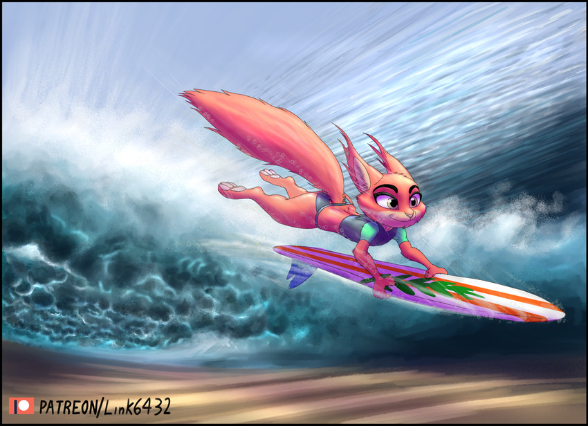 anthro beach bubble clothed clothing detailed_background female fluffy fluffy_tail fur furgonomics midriff pink_nose seaside smile solo surf surfboard swimwear tail vehicle water watercraft wave link6432 qalcove_(character) mammal rodent sciurid tree_squirrel hi_res
