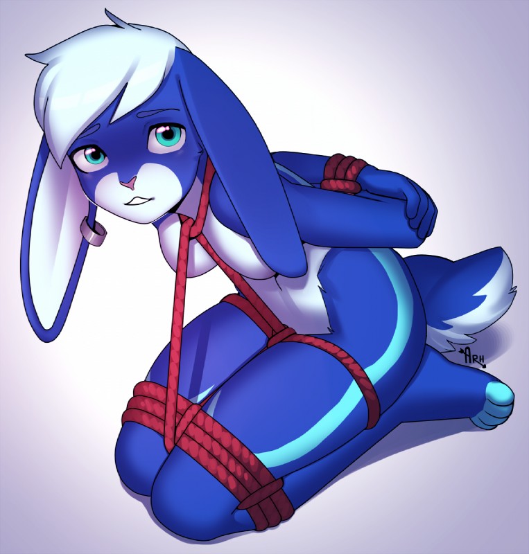 anthro bdsm biped blue_body blue_eyes blue_fur bondage bound breasts ear_piercing female floppy_ears fur hair kneeling nude piercing restraints rope rope_bondage solo submissive submissive_female white_hair arh loike lagomorph leporid mammal rabbit hi_res