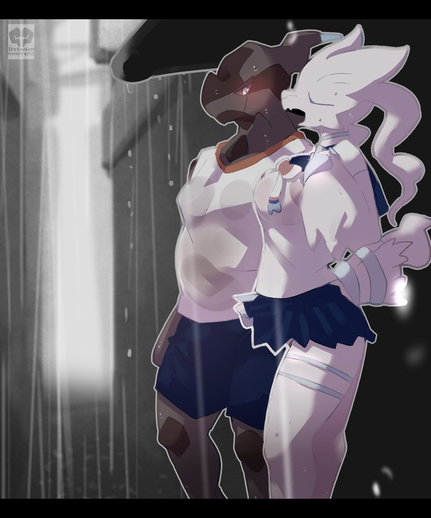 anthro athletic_wear biped black_bars blush bodily_fluids bottomwear bow_ribbon clothed clothing duo eyes_closed female gym_bottomwear gym_shorts looking_at_another male raining shorts side_by_side skirt sportswear sweat tail wet wet_clothing moesouna_gomi mythology nintendo pokemon dragon generation_5_pokemon legendary_pokemon mythological_creature mythological_scalie pokemon_(species) reshiram scalie zekrom 5:6 archived_source hi_res