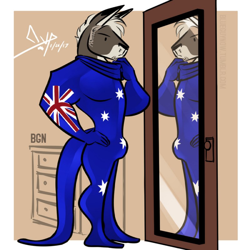 anthro australia australian biped black_eyebrows black_eyes black_nose border brown_background bulge clothed clothing costume dot_eyes drawer eyebrows fur grey_body grey_fur hair long_tail looking_at_mirror looking_at_object male mirror multicolored_body multicolored_fur outside_border reflection short_hair side_view simple_background snout solo standing tail text two_tone_body two_tone_fur white_body white_border white_fur white_hair bgn sydney_o'connell kangaroo macropod mammal marsupial 1:1 2017 digital_media_(artwork) signature url