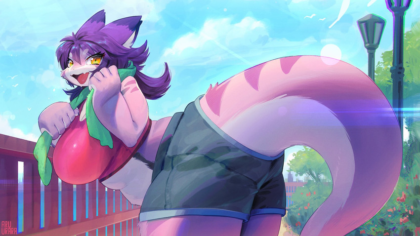 5_fingers anthro big_breasts breasts clothed clothing curvy_figure day female fingers fur hair huge_breasts long_hair midriff outside overweight overweight_anthro overweight_female purple_body purple_fur purple_hair slightly_chubby slightly_chubby_female solo tail thick_tail thick_thighs voluptuous yellow_eyes aruurara mythology tsukiyo dragon furred_dragon furred_scalie mythological_creature mythological_scalie scalie 16:9 2020 hi_res widescreen