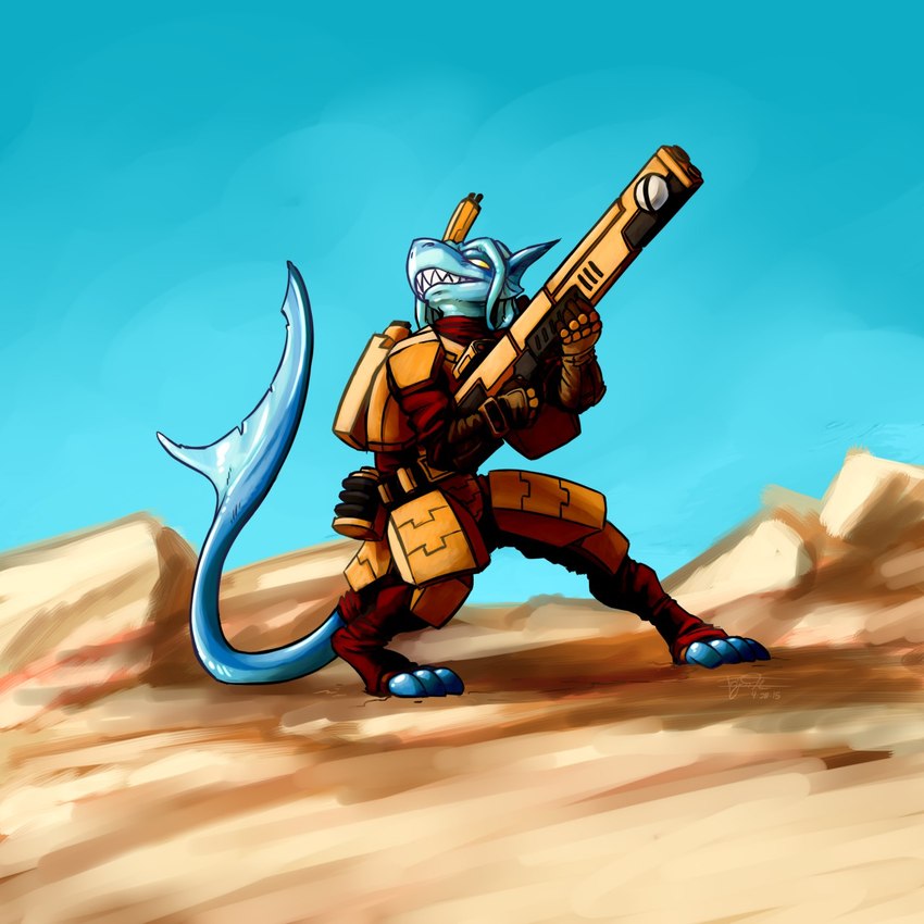 anthro armor blue_body blue_skin blue_sky clothing desert desert_background female fire_warrior gun latex looking_up military_uniform orange_armor pulse_rifle ranged_weapon rifle shark_tail sky solo tau_empire uniform weapon yellow_eyes commissar-k warhammer_(franchise) warhammer_40000 garrus_(serpent_symbiote) fish living_latex marine shark 1:1 hi_res