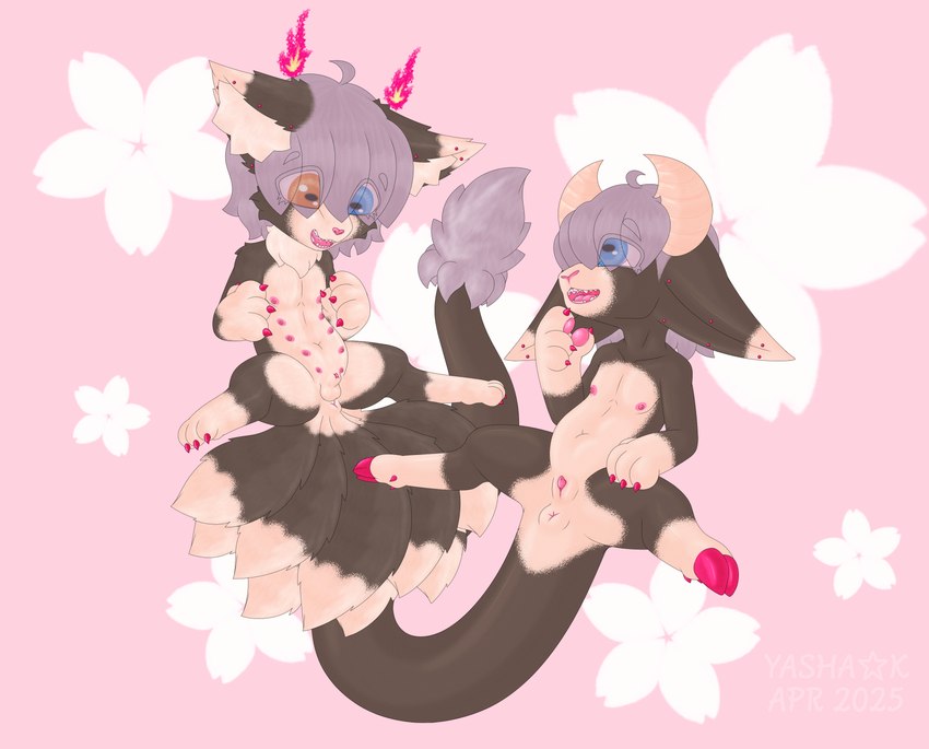 2_horns 3_toes 4_fingers 9_tails ahoge alternate_form animal_genitalia animal_penis anus attached_sheath balls blue_eyes brown_body brown_fur brown_scales brush_tail canine_genitalia canine_penis cheek_tuft claws countershading cute_fangs digitigrade dipstick_ears dipstick_limbs dipstick_tail duo ear_markings ear_piercing ear_ring eye_contact eye_through_hair facial_tuft fangs feet fingers fire flaming_horn fur genital_slit genitals grey_hair hair hair_over_eyes heart_nose heart_symbol heterochromia hooves horizontal_pupils horn inner_ear_fluff kemono lipsticking long_tail looking_at_another male markings micropenis multi_nipple multi_tail multicolored_ears navel neck_tuft nipples nude open_mouth open_smile orange_eyes pawpads penis piercing pink_nipples pink_nose pink_pawpads plump_slit puffy_anus pupils red_claws ring_piercing scales sheath short_hair simple_background slightly_chubby small_balls small_penis smile spread_legs spreading square_crossover tail tail_markings tail_tuft tan_body tan_fur tan_scales teeth toes translucent translucent_hair tuft young yashak_(artist) asian_mythology east_asian_mythology japanese_mythology mythology yasha_(yashak) bovid caprine dragon fox_spirit mammal mythological_creature mythological_scalie reptile scalie yokai 2025 absurd_res hi_res