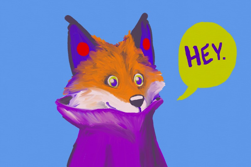 anthro black_body black_fur blue_background blue_body blue_fur clothing dialogue fur green_eyes jacket male multicolored_body multicolored_fur orange_body orange_fur simple_background smile solo speech_bubble topwear zvxtriad canid canine fox mammal 2015 3:2