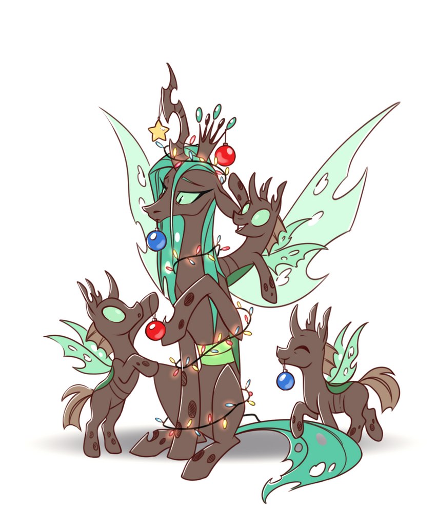 baubles christmas_decorations christmas_ornament decorating female feral horn insect_wings male string_lights wings 28gooddays friendship_is_magic hasbro my_little_pony drone_(mlp) queen_chrysalis_(mlp) arthropod changeling hi_res tagme