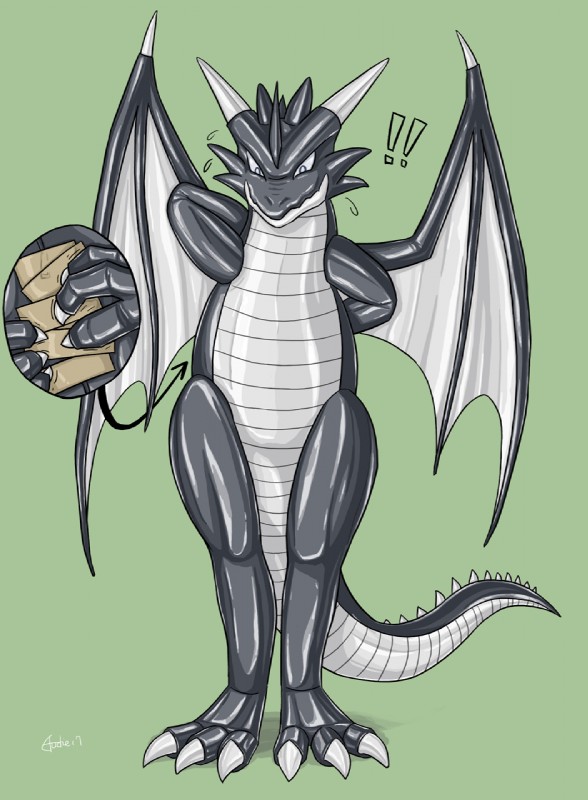 anthro black_body clothed clothing costume exclamation_point featureless_crotch glistening green_background horn latex long_tail male membrane_(anatomy) membranous_wings simple_background solo spikes tail tape trapped wings audie-gryph dragon_quest mythology square_enix dragon mythological_creature mythological_scalie scalie 2017 digital_drawing_(artwork) digital_media_(artwork) hi_res