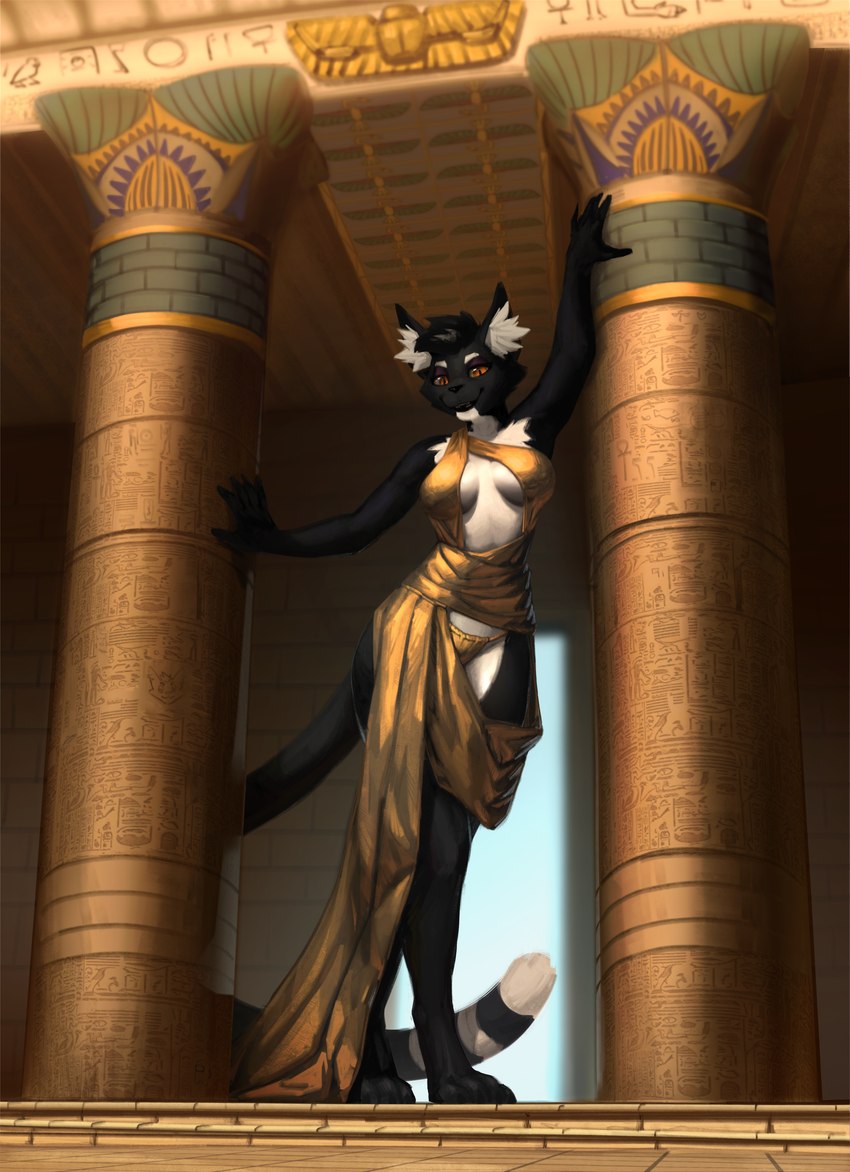 anthro big_breasts black_body black_fur bottomwear breasts cleavage_cutout clothed clothing countershade_torso countershading curvy_figure cutout detailed_background digitigrade drapery_(clothing) ear_tuft egyptian eyeshadow female fur gold_dress hair looking_at_viewer makeup markings multicolored_body multicolored_fur orange_eyes pose short_hair skimpy smile solo striped_markings striped_tail stripes tail tail_markings thick_tail thick_thighs tuft two_tone_body two_tone_fur white_body white_fur wide_hips yellow_sclera notadrian bacardi_(muart242) deity domestic_cat felid feline felis mammal absurd_res hi_res