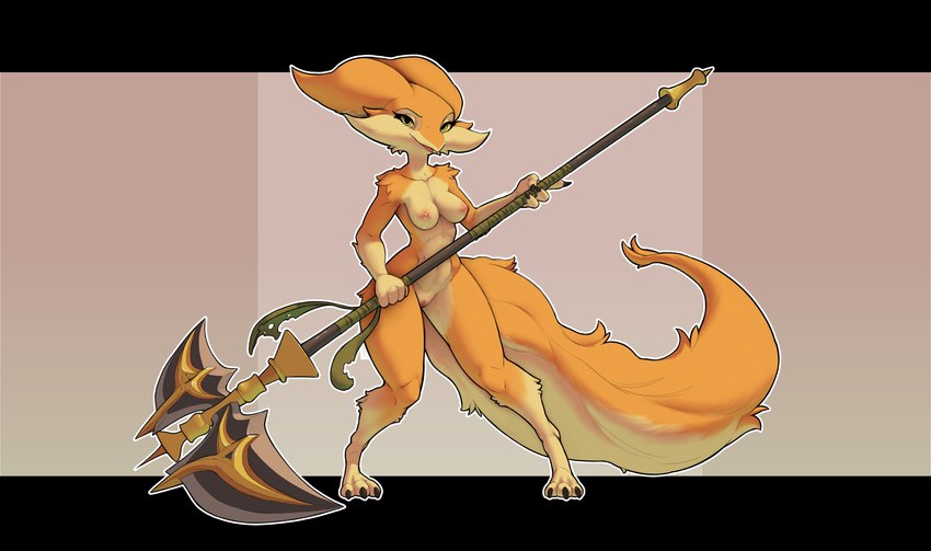 anthro areola biped breasts casual_nudity female fur genitals holding_object holding_weapon nipples nude orange_body orange_fur pussy solo standing weapon bdmon tisha_(bdmon) furred_kobold furred_scalie kobold scalie 2022 absurd_res alternate_version_at_source hi_res